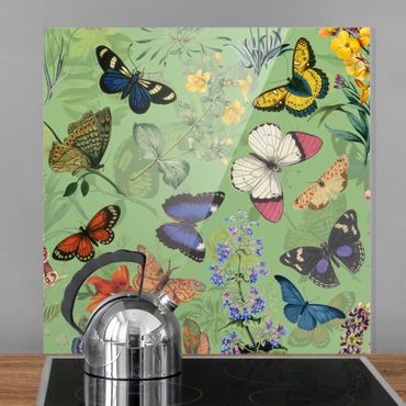 Panel kuchenny - Butterflies With Flowers On Green - Kwadrat 1:1