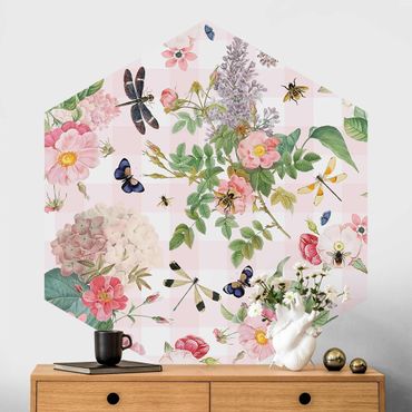 Sześciokątna tapeta samoprzylepna - Motylki z różowymi kwiatami