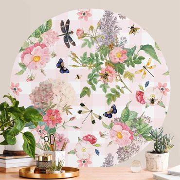 Okrągła tapeta samoprzylepna - Motylki z różowymi kwiatami