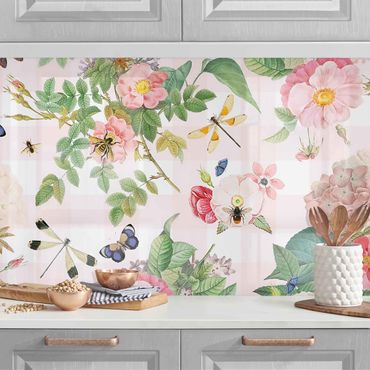 Panel ścienny do kuchni - Motylki z różowymi kwiatami