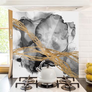 Panel szklany do kuchni - Czarny tusz ze złotymi liniami