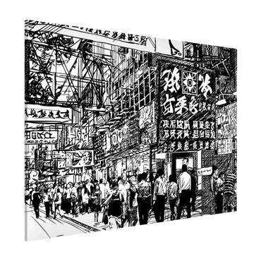 Tablica magnetyczna - Black And White Drawing Asian Street II - Format poziomy 4:3