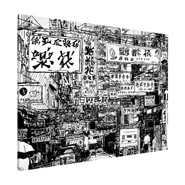 Tablica magnetyczna - Black And White Drawing Asian Street - Format poziomy 4:3
