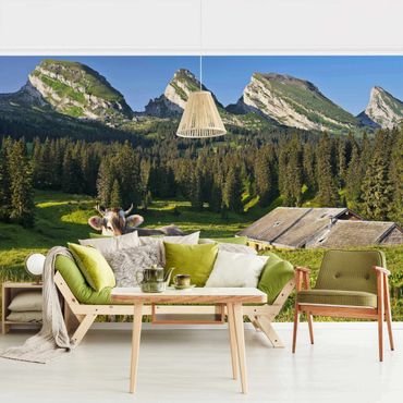 Fototapeta - Szwajcarska łąka alpejska z krową