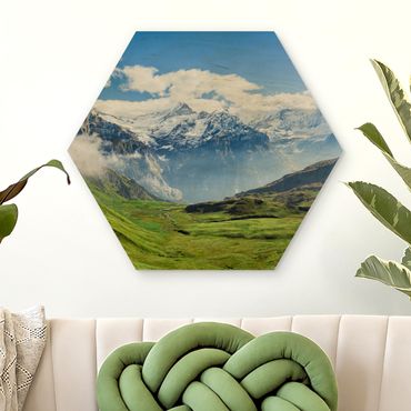 Obraz heksagonalny z drewna - Szwajcarska panorama alpejska
