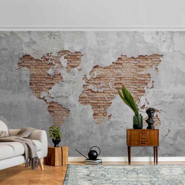 Tapeta metaliczna - Mapa świata Shabby Concrete Brick