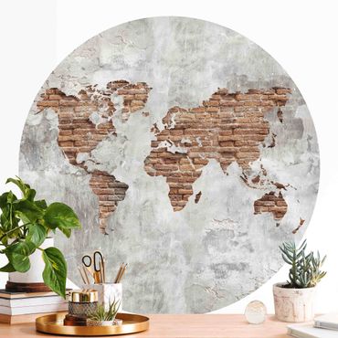 Okrągła tapeta samoprzylepna - Mapa świata Shabby Concrete Brick