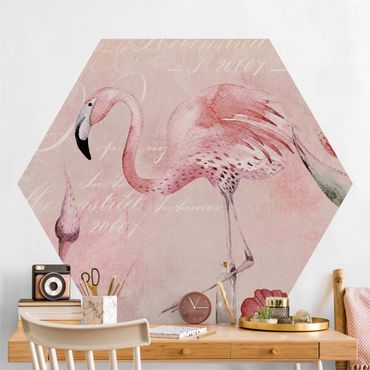 Sześciokątna tapeta samoprzylepna - Shabby Chic Kolaż - Flamingo