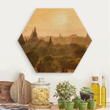 Obraz heksagonalny z drewna - Zachód słońca nad Baganem