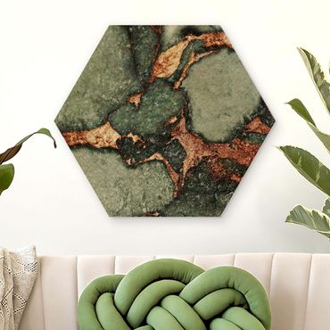 Obraz heksagonalny z drewna - Gra kolorów Paproć zielona i złota