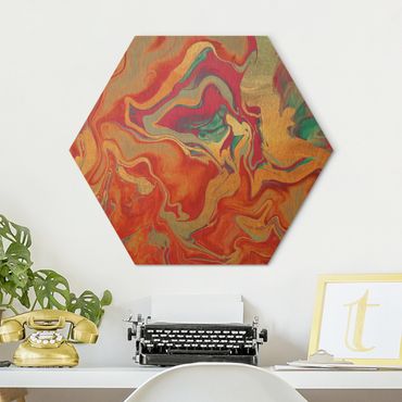 Obraz heksagonalny z Alu-Dibond - Gra w kolory Złoty ogień