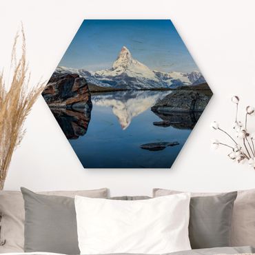 Obraz heksagonalny z drewna - Jezioro Stelli przed Matterhornem
