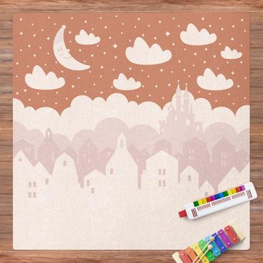 Mata korkowa - Gwiaździste niebo z domami i księżycem w kolorze różowym