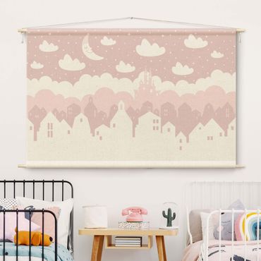 Makatka - Starry Sky With Houses And Moon In Light Pink
