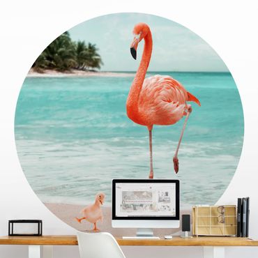 Okrągła tapeta samoprzylepna - Plaża z flamingiem