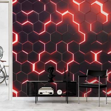 Fototapeta - Structured Hexagons With Neon Light In Red