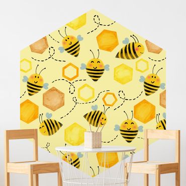 Sześciokątna tapeta samoprzylepna - Ilustracja przedstawiająca słodki miód z pszczołami