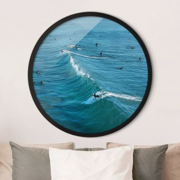 Okrągły obraz z ramką - Surferzy na plaży Huntington