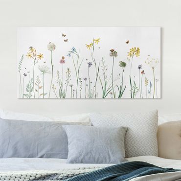 Obraz na płótnie - Tańczące motyle na polnych kwiatach - Format poziomy 2:1