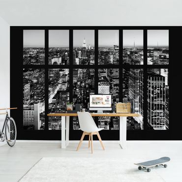 Fototapeta - Widok z okna na panoramę Manhattanu, czarno-biały