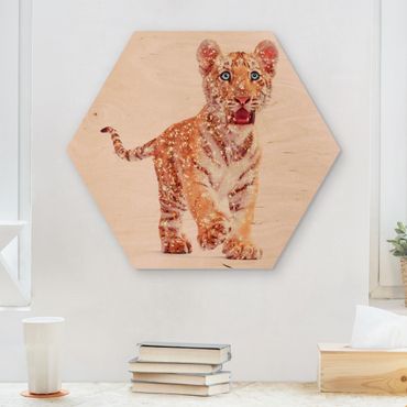 Obraz heksagonalny z drewna - Tygrys z brokatem