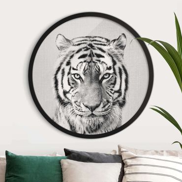 Okrągły obraz z ramką - Tygrys Tiago czarno-biały