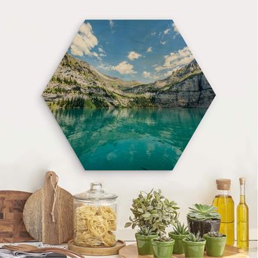 Obraz heksagonalny z drewna - Jezioro Dreamy Mountain