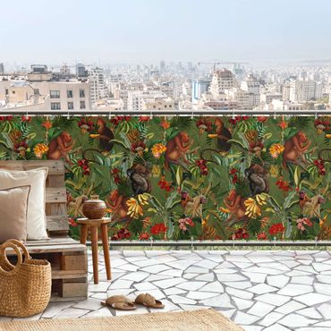 Osłona balkonowa zapewniająca prywatność - Tropikalne kwiaty z małpami
