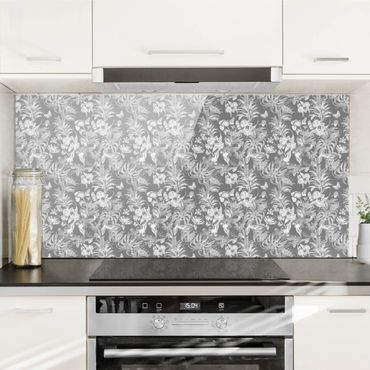 Panel szklany do kuchni - Tropikalne kwiaty na tle szarości
