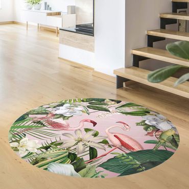 Okrągły dywan winylowy - Tropikalne flamingi z roślinami w kolorze różowym