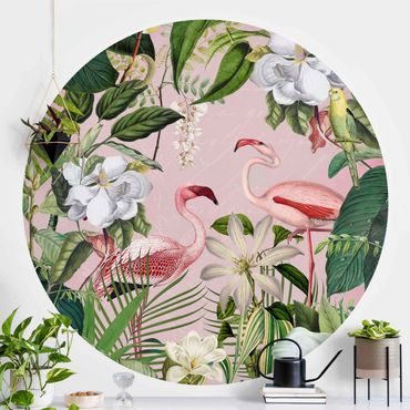 Okrągła tapeta samoprzylepna - Tropikalne flamingi z roślinami w kolorze różowym