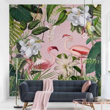 Fototapeta - Tropical Flamingos With Plants In Pink