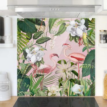 Panel szklany do kuchni - Tropikalne flamingi z roślinami w kolorze różowym