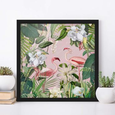 Plakat w ramie - Tropikalne flamingi z roślinami w kolorze różowym