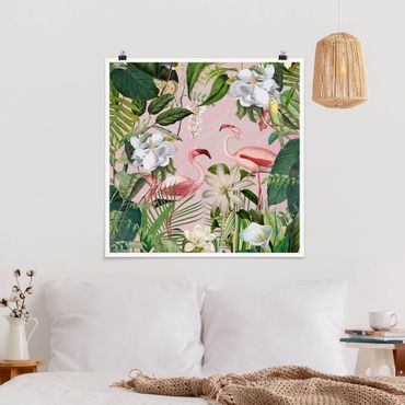 Plakat - Tropikalne flamingi z roślinami w kolorze różowym