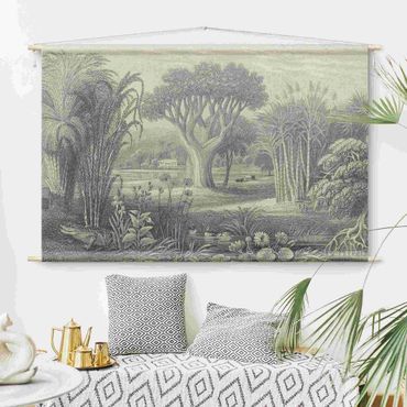Makatka - Tropical Copperplate Engraving Garden With Pond In Grey