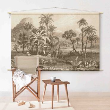 Makatka - Tropical Copperplate Engraving With Giraffes In Brown