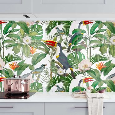 Panel ścienny do kuchni - Tropikalny tukan z monstera i liśćmi palmy II