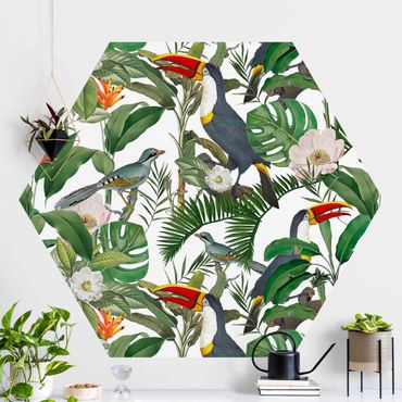 Sześciokątna tapeta samoprzylepna - Tropikalny tukan z Monstera i liśćmi palmy
