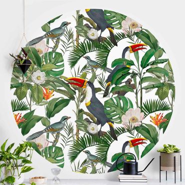 Okrągła tapeta samoprzylepna - Tropikalny tukan z Monstera i liśćmi palmy