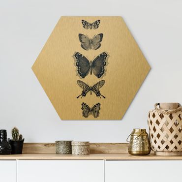 Obraz heksagonalny z Alu-Dibond - Motyle z atramentu na beżowym tle