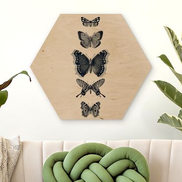 Obraz heksagonalny z drewna - Motyle z atramentu na beżowym tle