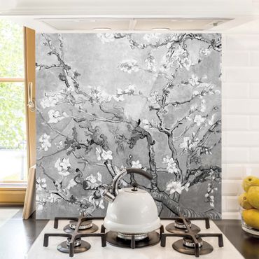 Panel szklany do kuchni - Vincent van Gogh - Czarno-biały kwiat migdałowca