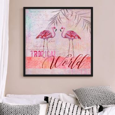 Plakat w ramie - Kolaż w stylu vintage - Flamingi w tropikalnym świecie