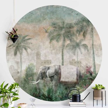 Okrągła tapeta samoprzylepna - Vintage Jungle Scene with Elephant