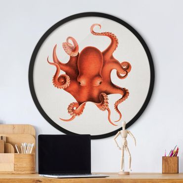 Okrągły obraz z ramką - Ilustracja w stylu vintage Czerwona ośmiornica