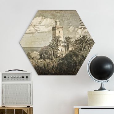 Obraz heksagonalny Alu-Dibond - Vintage Postcard With Lighthouse And Palm Trees