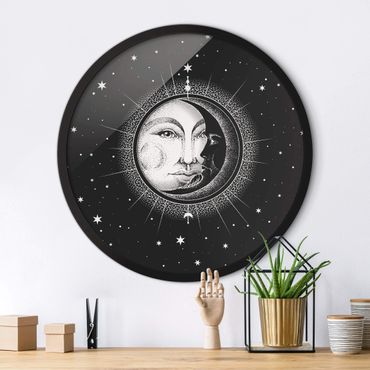 Okrągły obraz w ramie - Vintage Sun And Moon Illustration