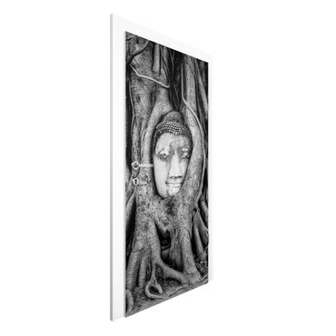 Okleina na drzwi - Budda w Ayutthaya otoczony korzeniami drzew, czarno-biały