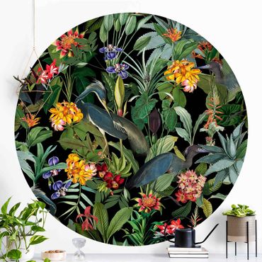 Okrągła tapeta samoprzylepna - Ptaki z tropikalnymi kwiatami